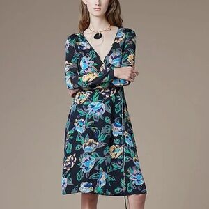 Diane Von Furstenberg Blue and Green Floral Long Sleeve Dress